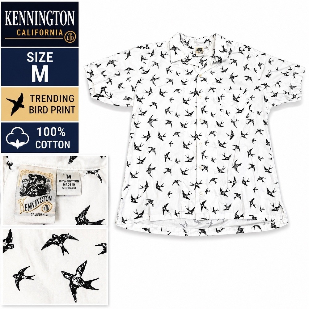 Kennington Shirt Mens M White Bird Print Camp Collar 100% Cotton Button Up